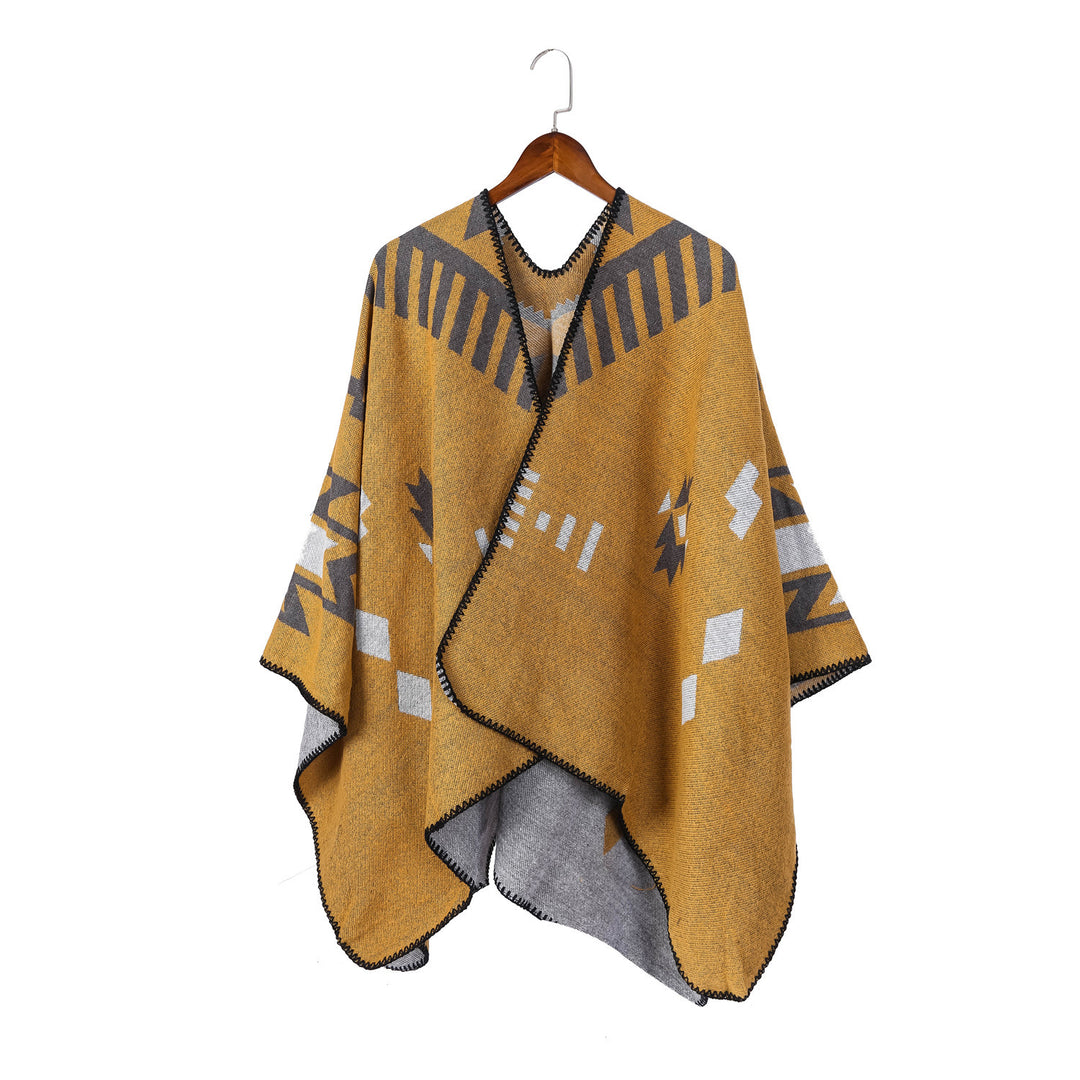 Women's Jacquard Ruana Cloak with Geometric Pattern and Reversible Finish Mune Fashion