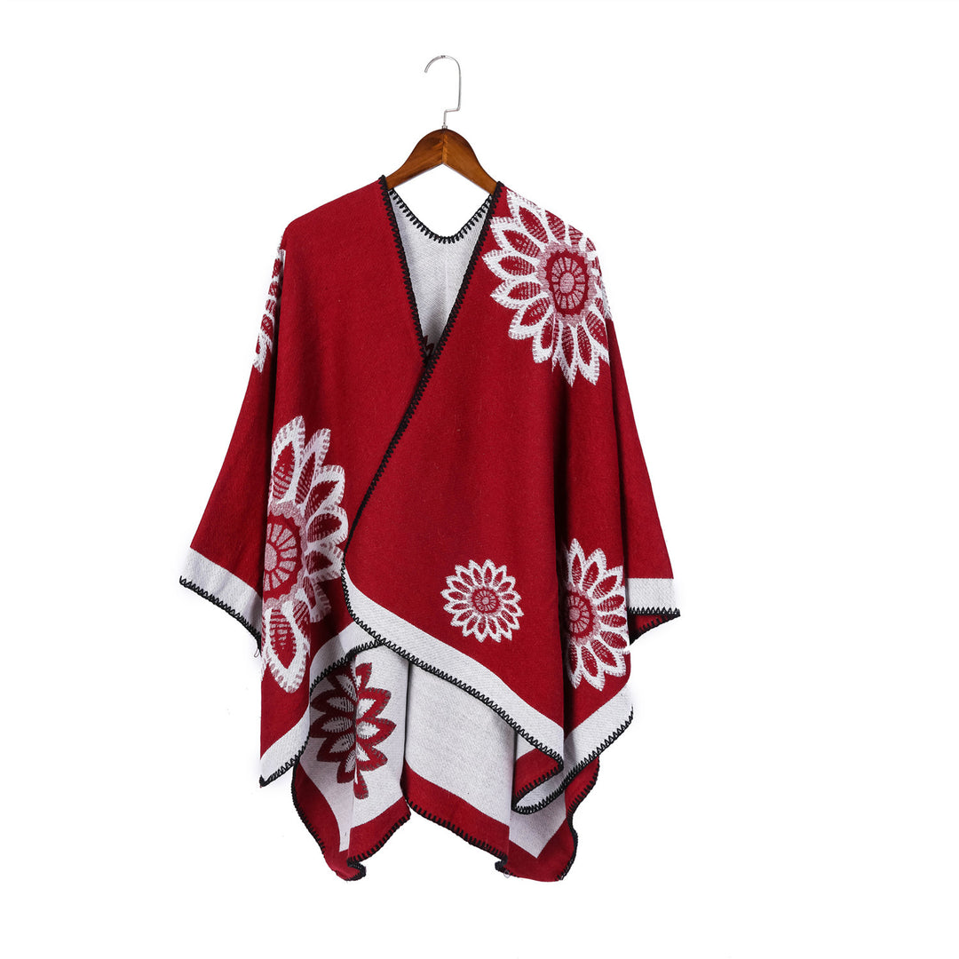Women's wool blend ruana with floral intarsia jacquard and open kimono silhouette Mune Fashion