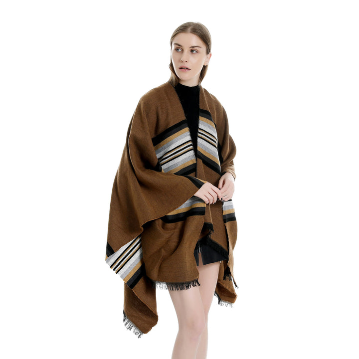 Women Casual Ruana Poncho made of wool blend with asymmetrical point and fine stripe jacquard Mune Fashion