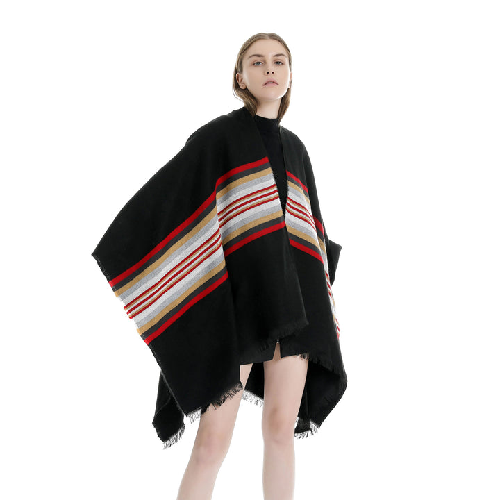 Women Casual Ruana Poncho made of wool blend with asymmetrical point and fine stripe jacquard Mune Fashion