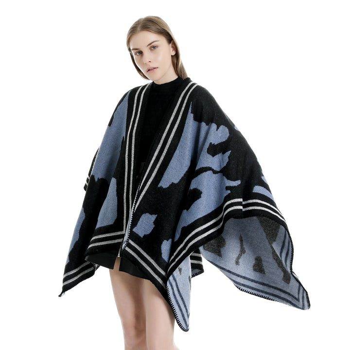 Women's Oversized Fine Knit Ruana with Abstract Jacquard and Contrasting Edge Trim Mune Fashion