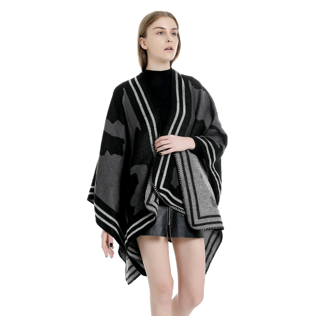 Women's Oversized Fine Knit Ruana with Abstract Jacquard and Contrasting Edge Trim Mune Fashion