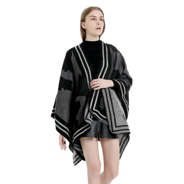 Women's Oversized Fine Knit Ruana with Abstract Jacquard and Contrasting Edge Trim Mune Fashion