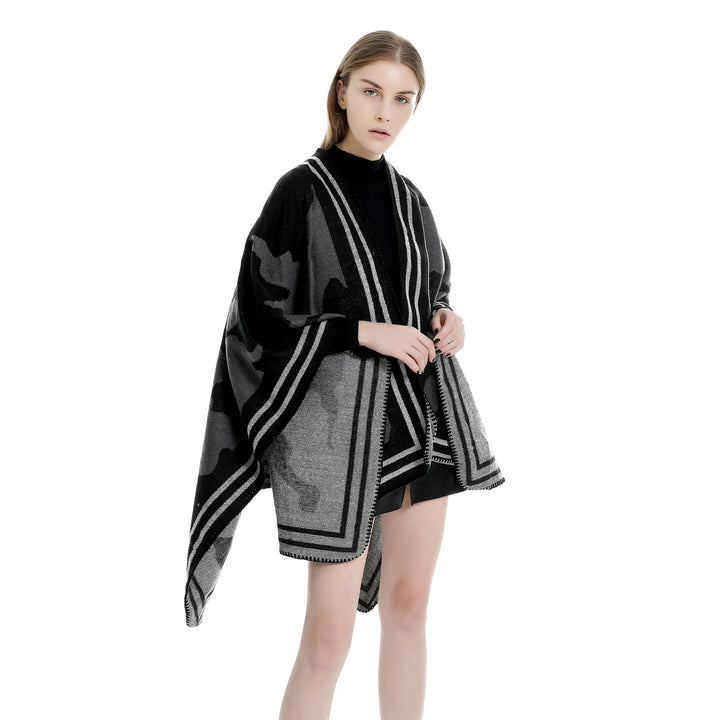 Women's Oversized Fine Knit Ruana with Abstract Jacquard and Contrasting Edge Trim Mune Fashion