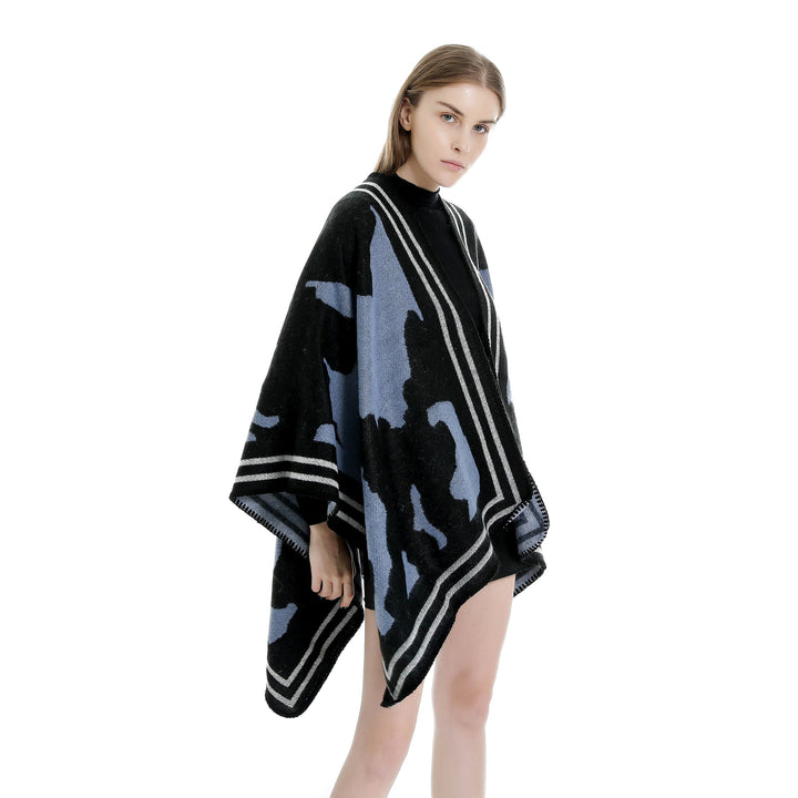 Women's Oversized Fine Knit Ruana with Abstract Jacquard and Contrasting Edge Trim Mune Fashion