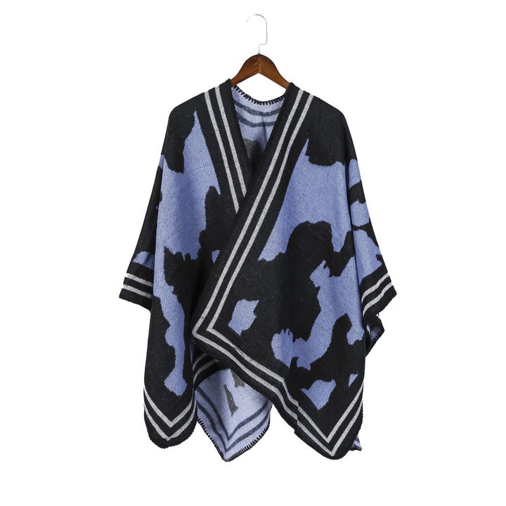 Women's Oversized Fine Knit Ruana with Abstract Jacquard and Contrasting Edge Trim Mune Fashion