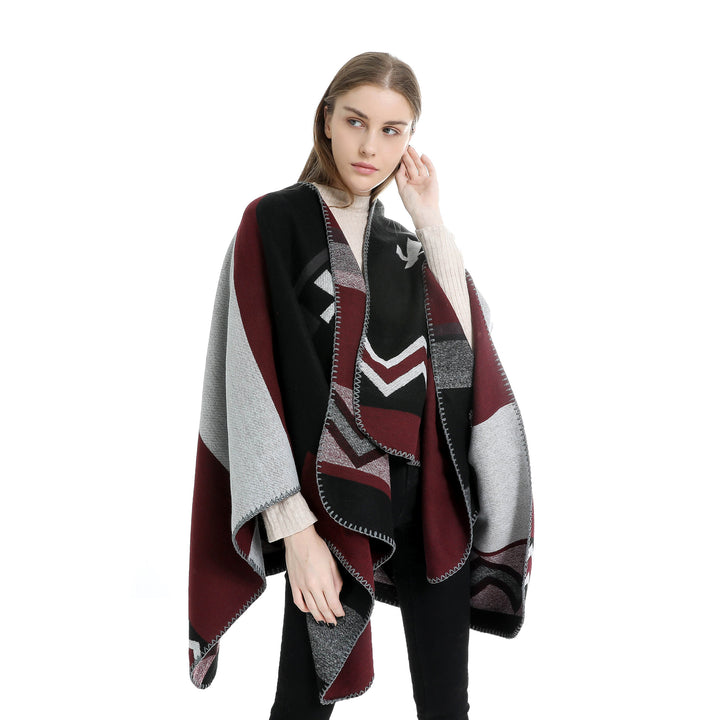 Women Geometric Jacquard Ruana Throw with V-Neck and Decorative Stitch Edge Mune Fashion