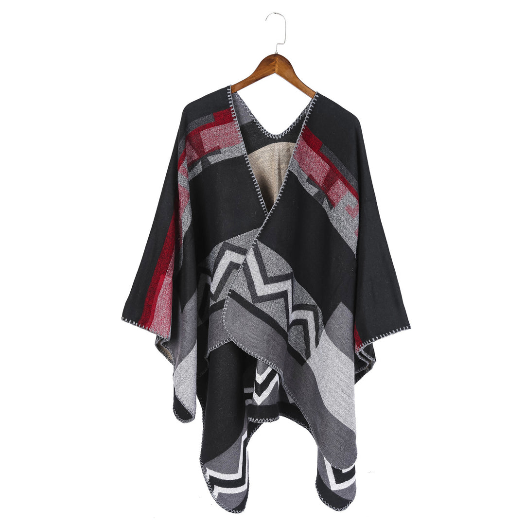 Women Geometric Jacquard Ruana Throw with V-Neck and Decorative Stitch Edge Mune Fashion