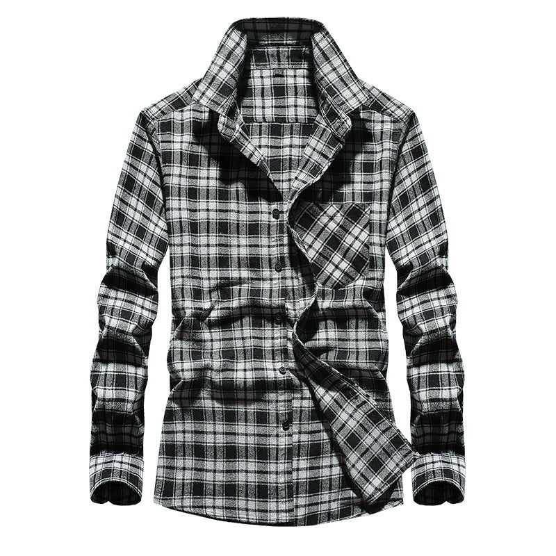 Men's Check Flannel Shirt Long Sleeve Cotton Blend with Chest Pocket and Kent Collar Mune Fashion