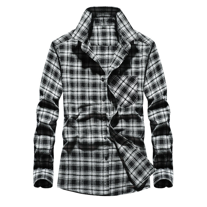 Men's Check Flannel Shirt Long Sleeve Cotton Blend with Chest Pocket and Kent Collar Mune Fashion