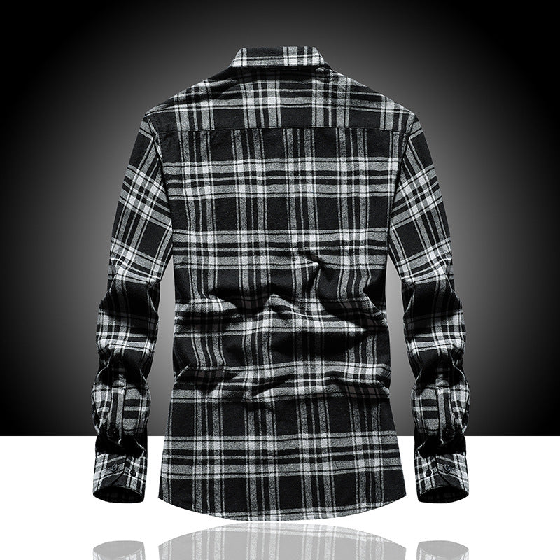 Men's Check Flannel Shirt Long Sleeve Cotton Blend with Chest Pocket and Kent Collar Mune Fashion