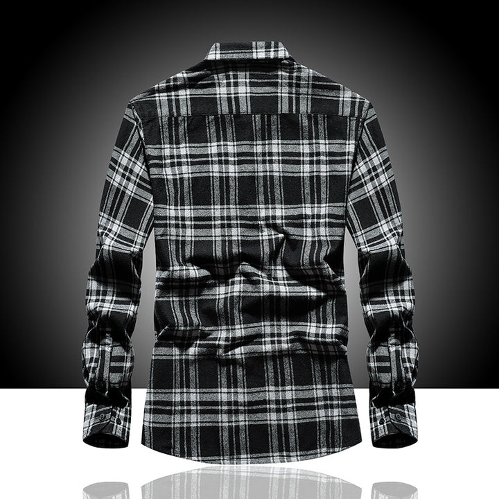 Men's Check Flannel Shirt Long Sleeve Cotton Blend with Chest Pocket and Kent Collar Mune Fashion