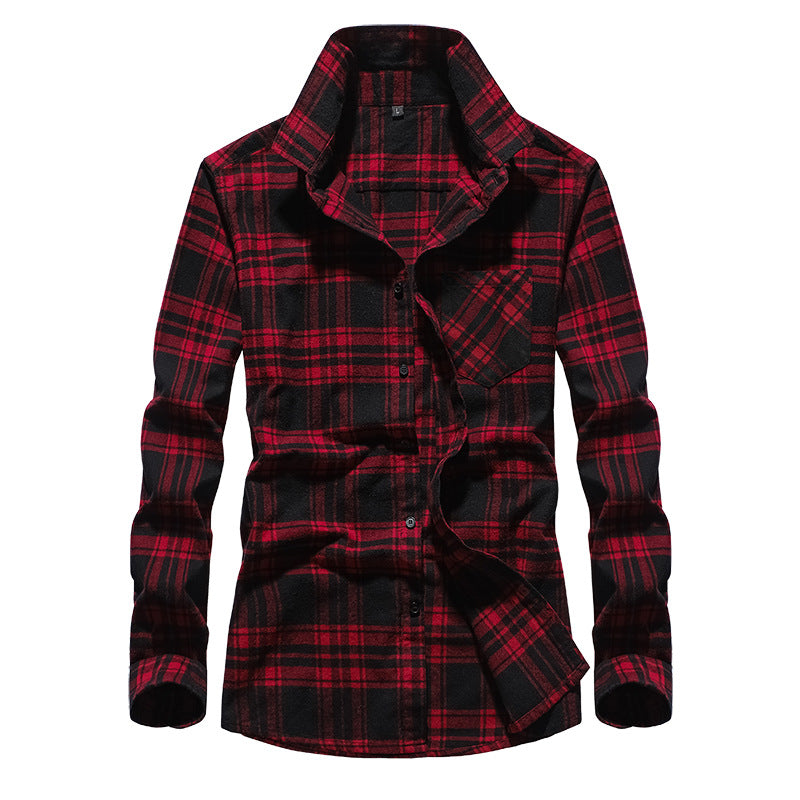 Men's Check Flannel Shirt Long Sleeve Cotton Blend with Chest Pocket and Kent Collar Mune Fashion