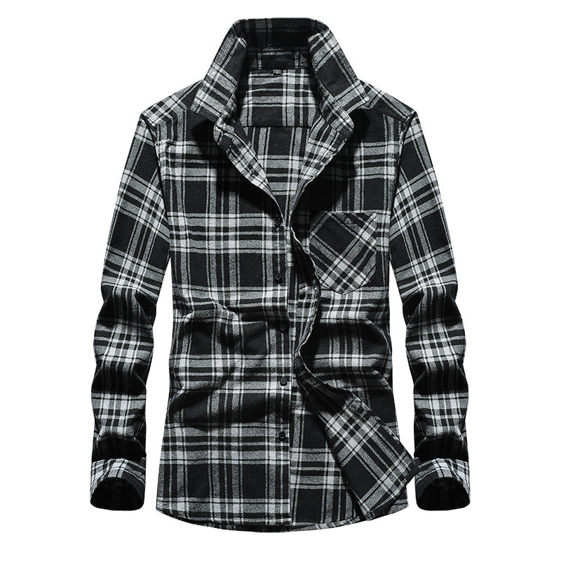 Men's Check Flannel Shirt Long Sleeve Cotton Blend with Chest Pocket and Kent Collar Mune Fashion