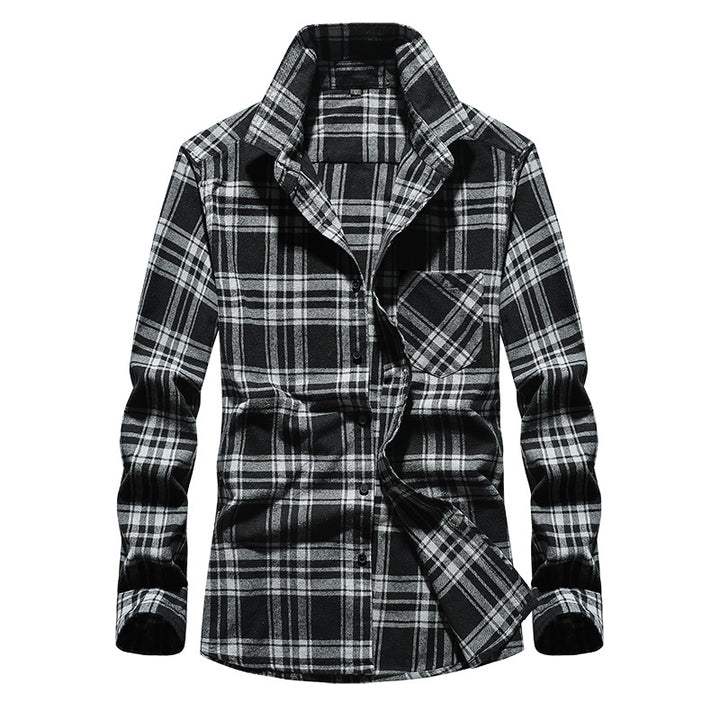 Men's Check Flannel Shirt Long Sleeve Cotton Blend with Chest Pocket and Kent Collar Mune Fashion