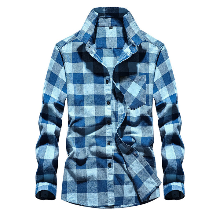 Men's Check Flannel Shirt Long Sleeve Cotton Blend with Chest Pocket and Kent Collar Mune Fashion