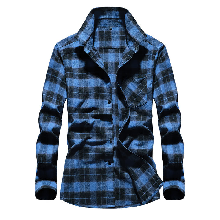 Men's Check Flannel Shirt Long Sleeve Cotton Blend with Chest Pocket and Kent Collar Mune Fashion