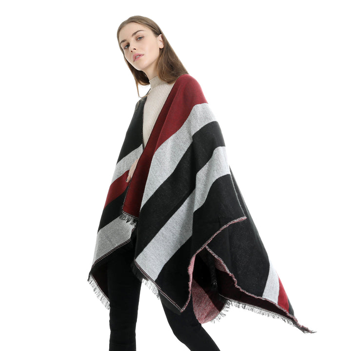 Women's Oversize Wrap Ruana in Diagonal Stripes with Fringe Edging Mune Fashion