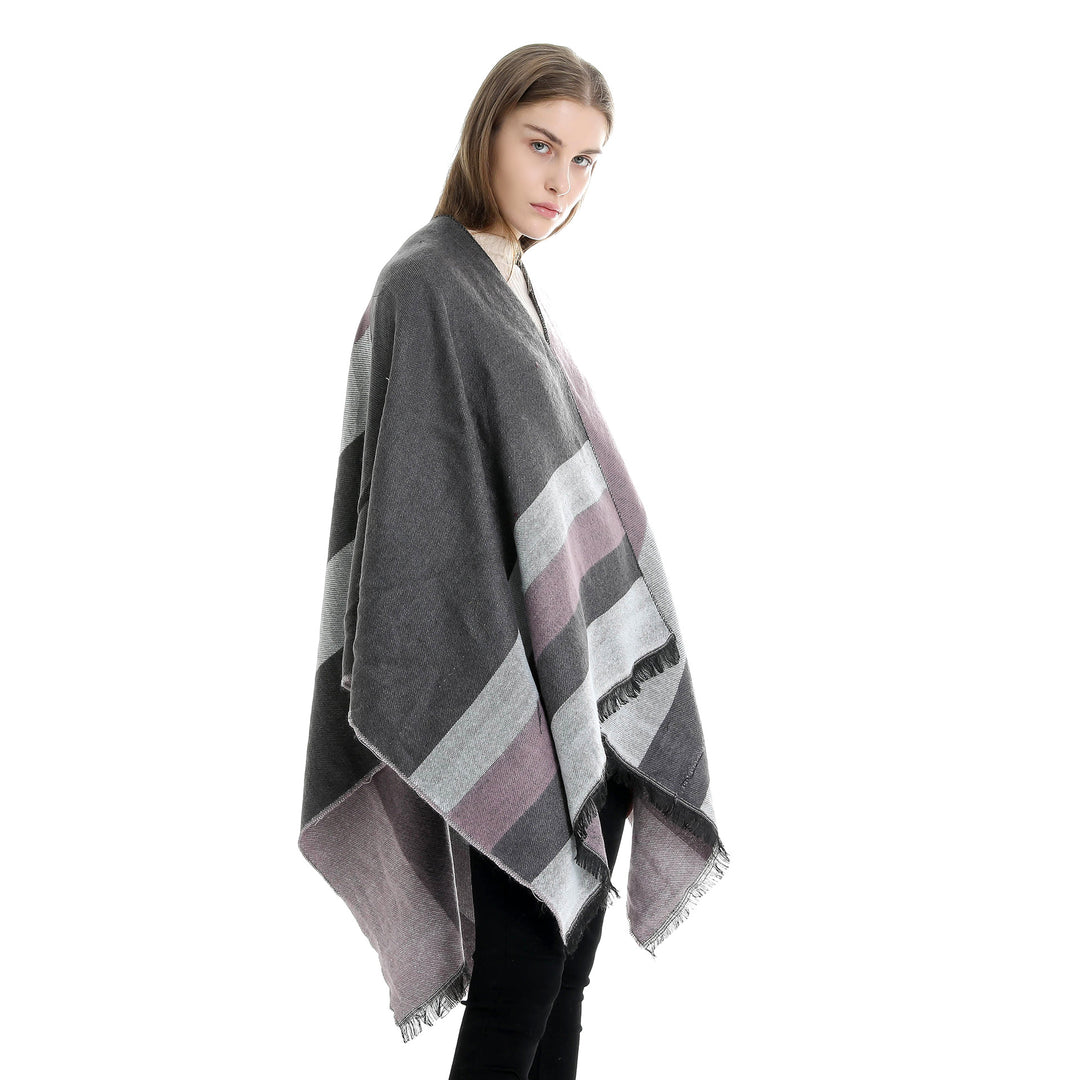 Women's Oversize Wrap Ruana in Diagonal Stripes with Fringe Edging Mune Fashion