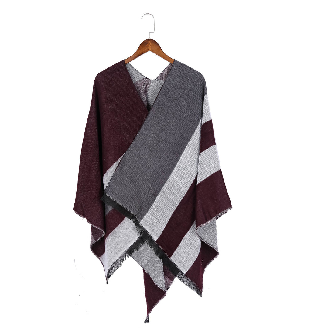 Women's Oversize Wrap Ruana in Diagonal Stripes with Fringe Edging Mune Fashion
