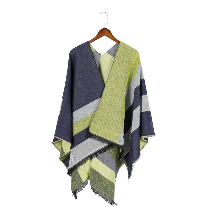Women's Oversize Wrap Ruana in Diagonal Stripes with Fringe Edging Mune Fashion