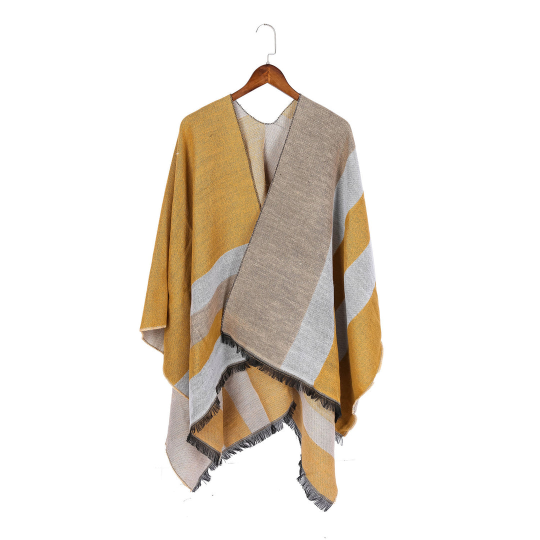 Women's Oversize Wrap Ruana in Diagonal Stripes with Fringe Edging Mune Fashion