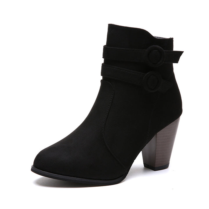 Women's elegant short ankle boots in suede look with double surrounding decorative strap and conically stacked heel Mune Fashion
