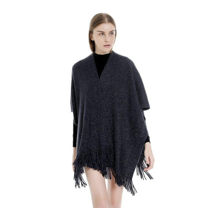 Women Oversize Knit Ruana with Glitter Thread and Fringes Mune Fashion
