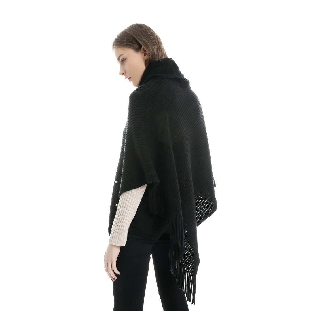 Ladies fine knit poncho with roll neck, bead appliqué and fringe hem Mune Fashion