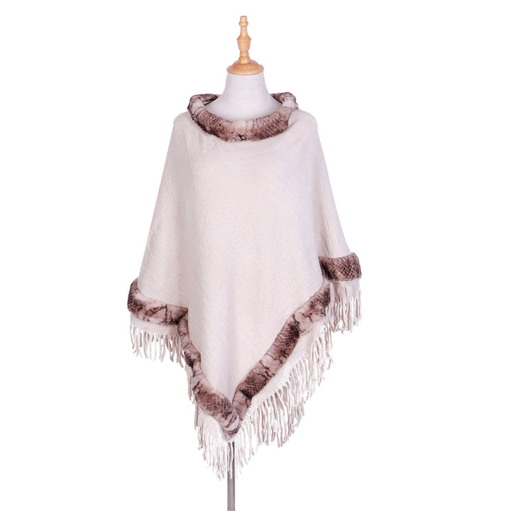 Ladies elegant wool blend poncho with faux fur trim and fringed hem Mune Fashion