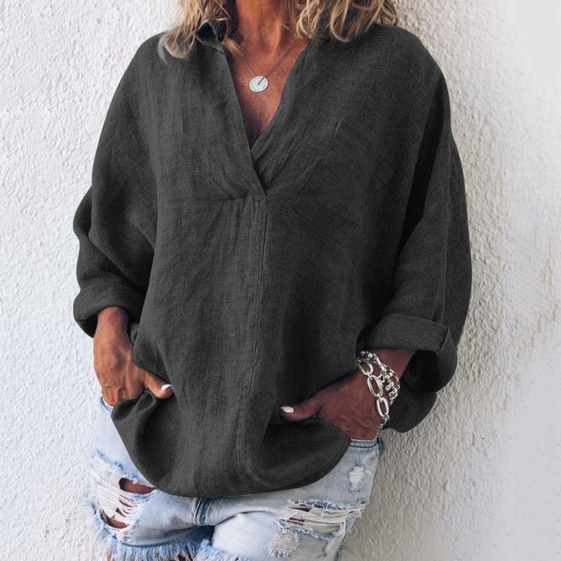 Women's Linen Tunic Oversize with V-Neck Breast Pocket and Roll-up Sleeves Mune Fashion