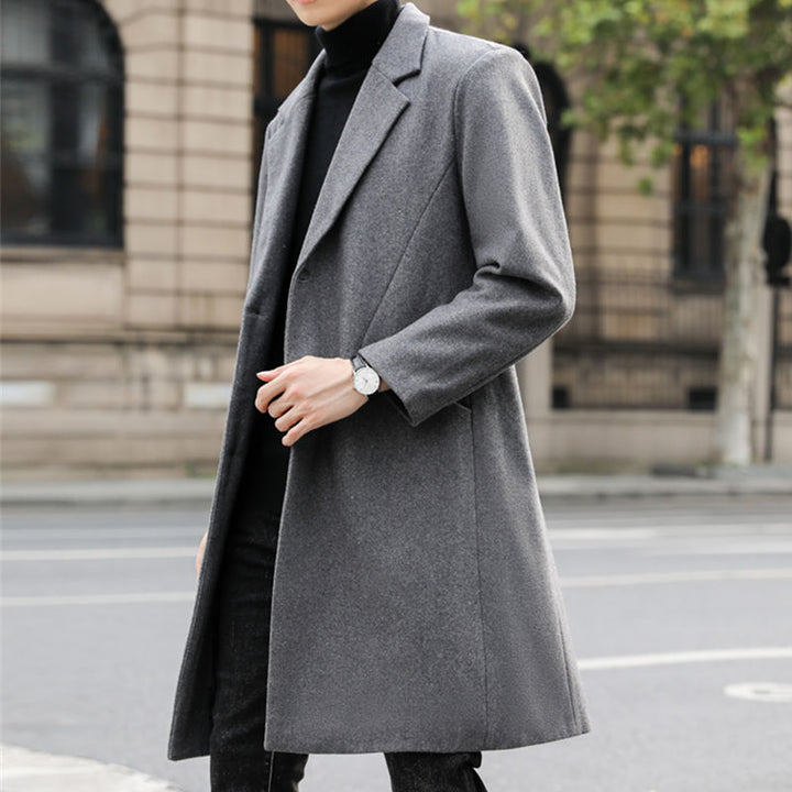 Men's Long Elegant Single-Breasted Wool Blend Coat with Classic Lapel Mune Fashion