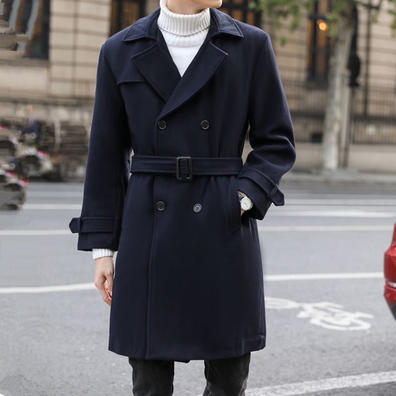Men's Double-Breasted Wool Coat with Waist Belt and Classic Lapel Mune Fashion