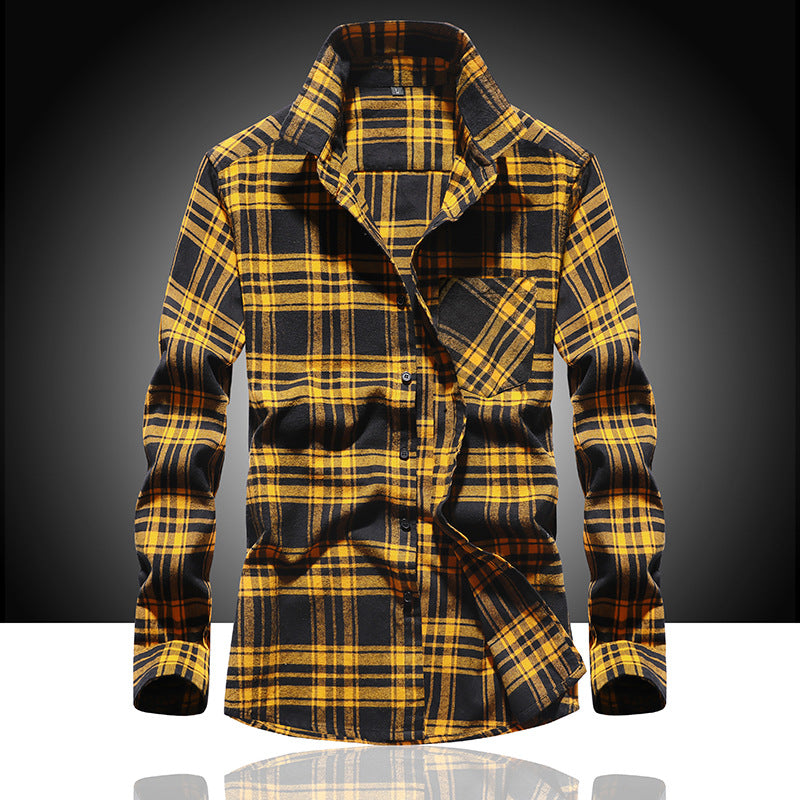 Men's Check Flannel Shirt Long Sleeve Cotton Blend with Chest Pocket and Kent Collar Mune Fashion