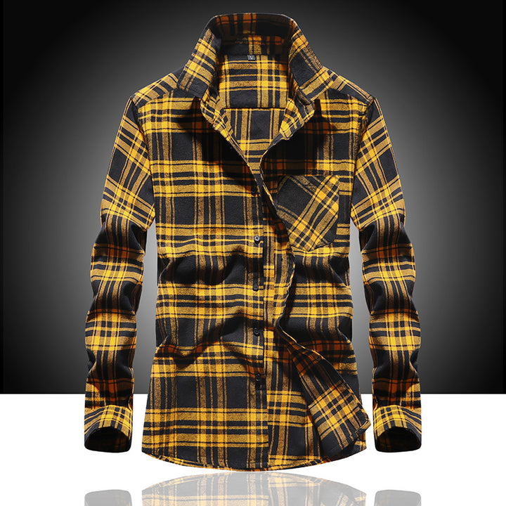 Men's Check Flannel Shirt Long Sleeve Cotton Blend with Chest Pocket and Kent Collar Mune Fashion