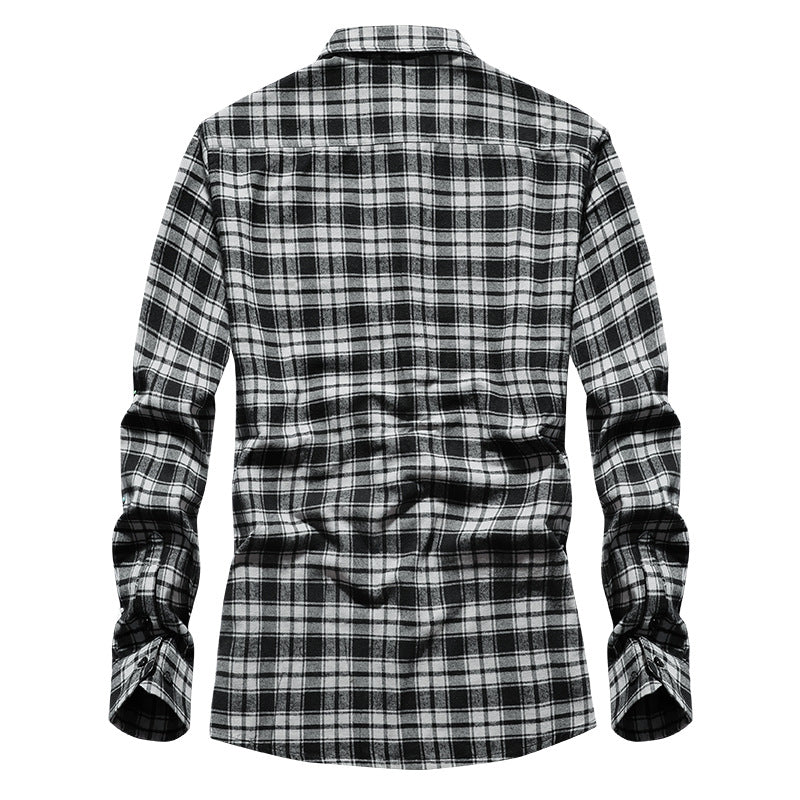 Men's Check Flannel Shirt Long Sleeve Cotton Blend with Chest Pocket and Kent Collar Mune Fashion