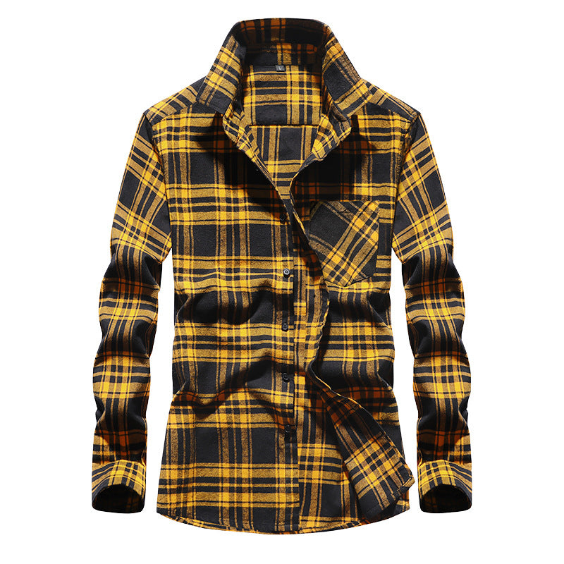 Men's Check Flannel Shirt Long Sleeve Cotton Blend with Chest Pocket and Kent Collar Mune Fashion