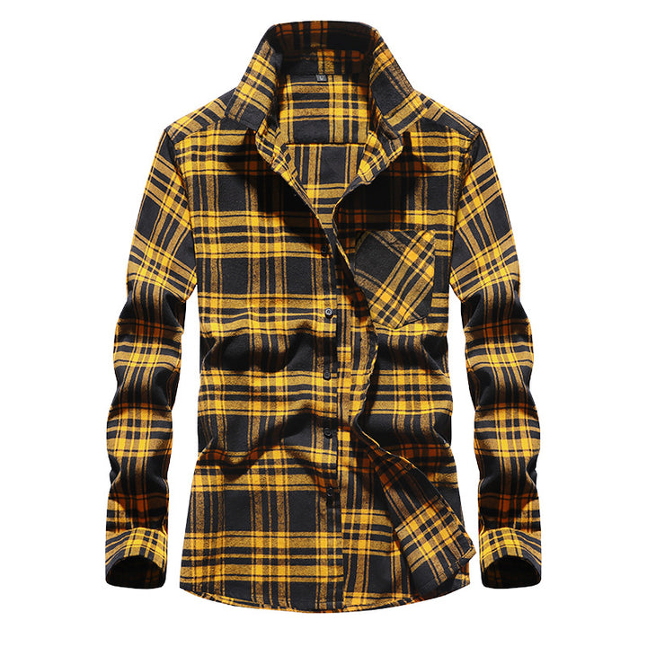 Men's Check Flannel Shirt Long Sleeve Cotton Blend with Chest Pocket and Kent Collar Mune Fashion