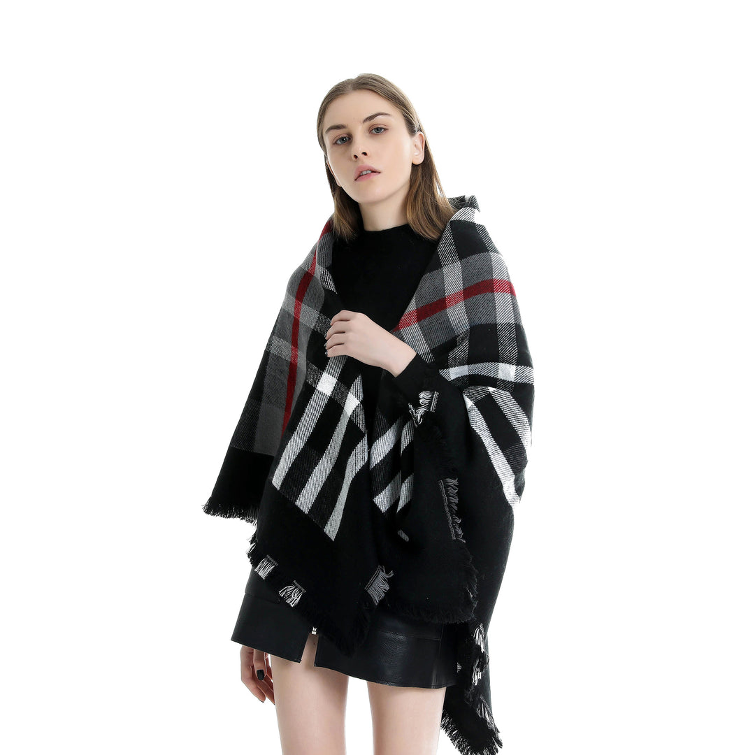 Women's Checked Wool Blend Cape Poncho with Fringes and Leather Closure Mune Fashion