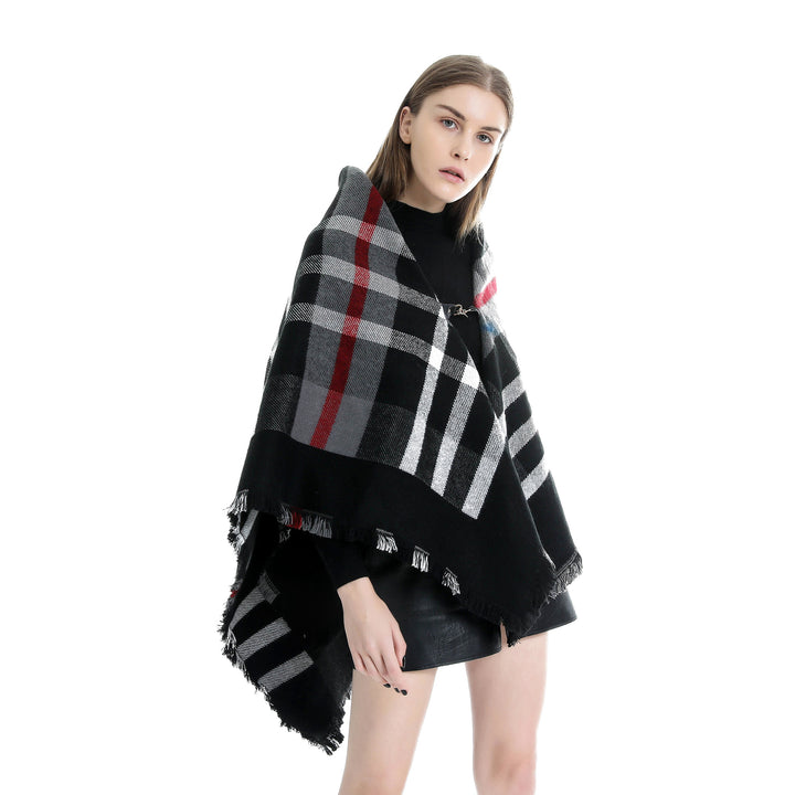 Women's Checked Wool Blend Cape Poncho with Fringes and Leather Closure Mune Fashion