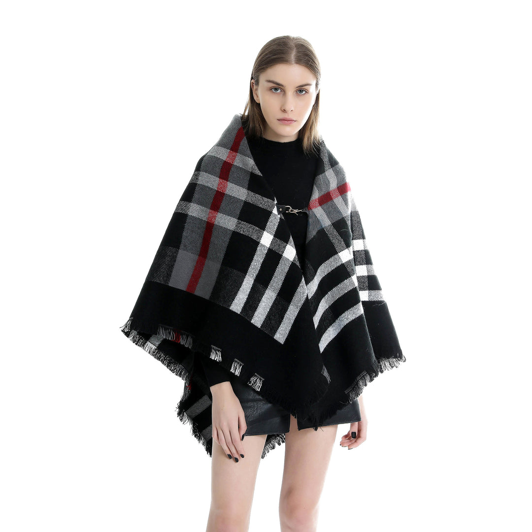 Women's Checked Wool Blend Cape Poncho with Fringes and Leather Closure Mune Fashion