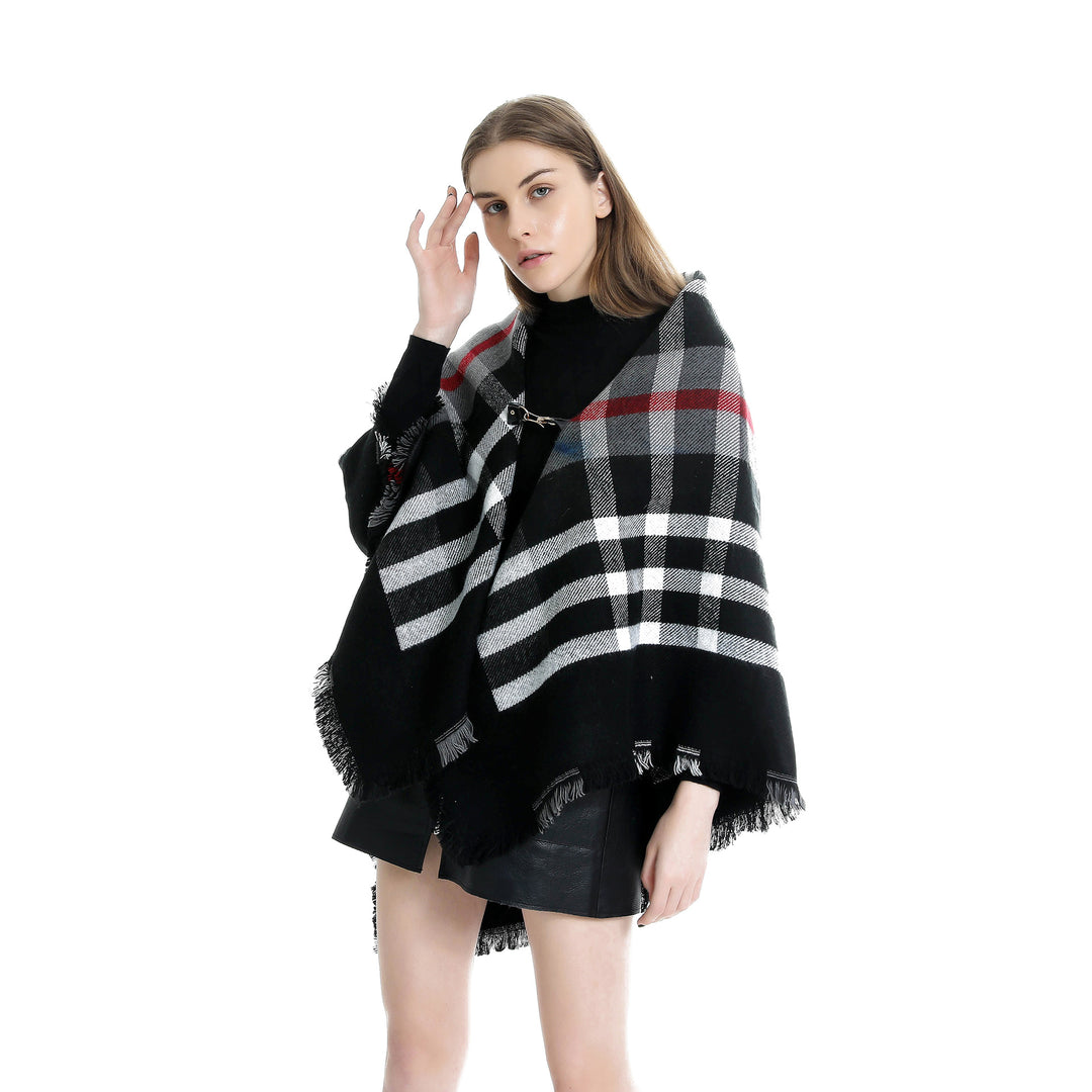 Women's Checked Wool Blend Cape Poncho with Fringes and Leather Closure Mune Fashion
