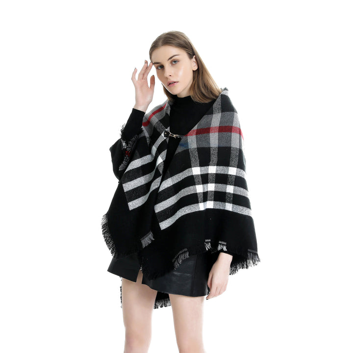 Women's Checked Wool Blend Cape Poncho with Fringes and Leather Closure Mune Fashion