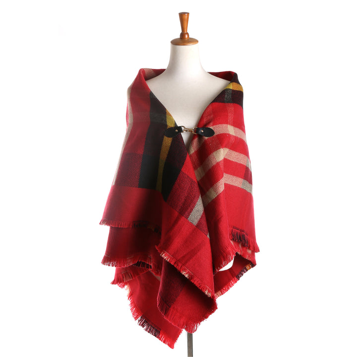 Women's Checked Wool Blend Cape Poncho with Fringes and Leather Closure Mune Fashion