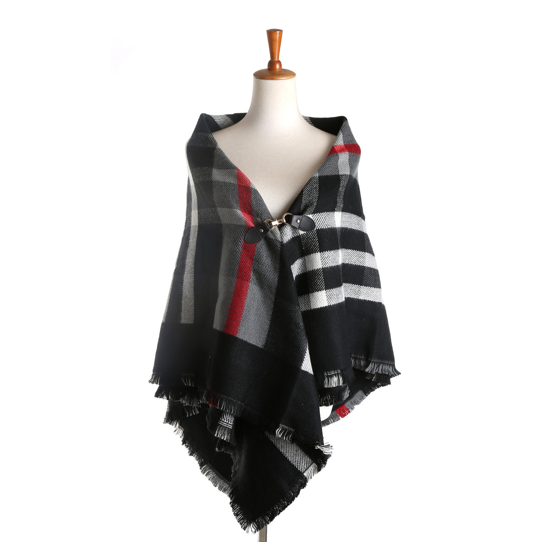 Women's Checked Wool Blend Cape Poncho with Fringes and Leather Closure Mune Fashion