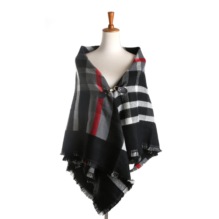 Women's Checked Wool Blend Cape Poncho with Fringes and Leather Closure Mune Fashion