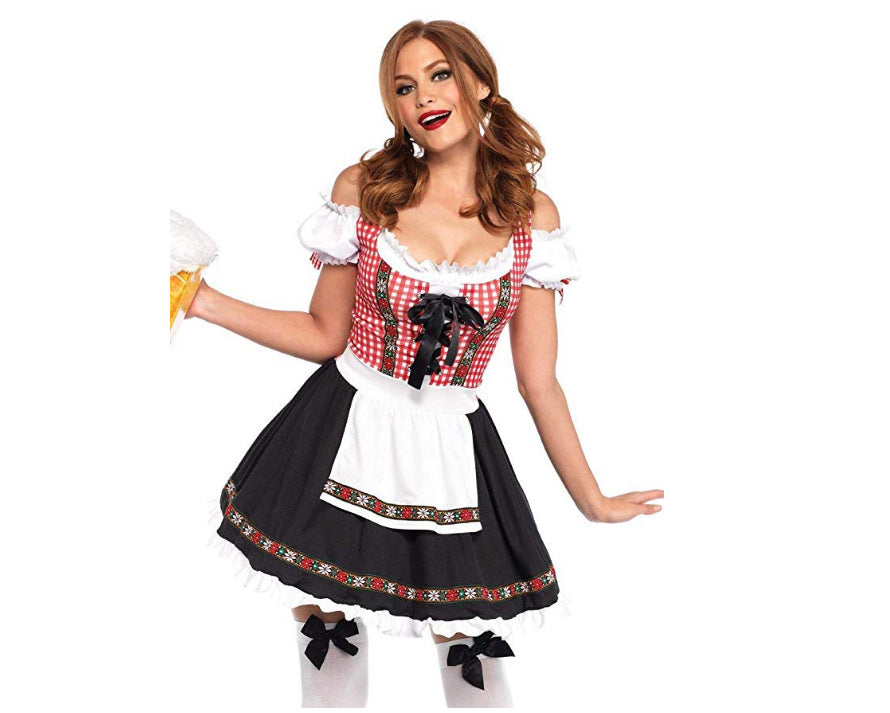 Women's traditional Bavarian dirndl with laced bodice, short skirt length and apron Mune Fashion