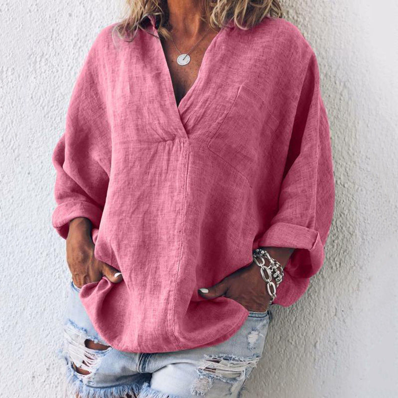 Women's Linen Tunic Oversize with V-Neck Breast Pocket and Roll-up Sleeves Mune Fashion