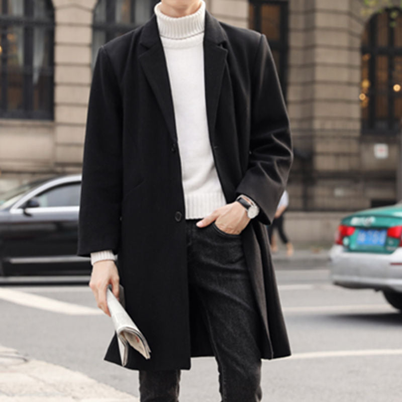 Men's Long Elegant Single-Breasted Wool Blend Coat with Classic Lapel Mune Fashion