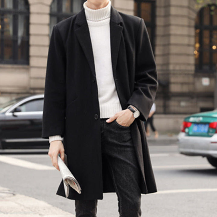Men's Long Elegant Single-Breasted Wool Blend Coat with Classic Lapel Mune Fashion